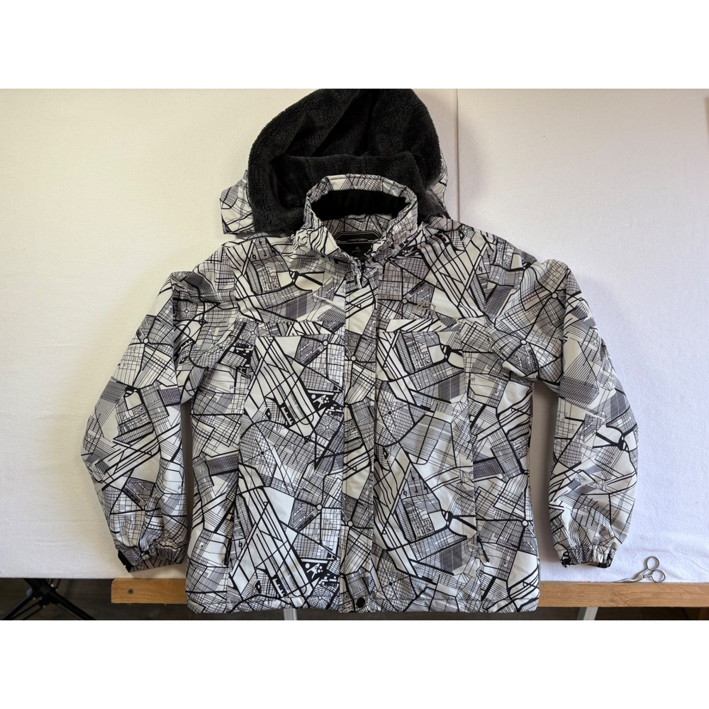 OTU Mens XL‎ City Map Print Ski Jacket White Black Hooded Fleece Lined Coat
